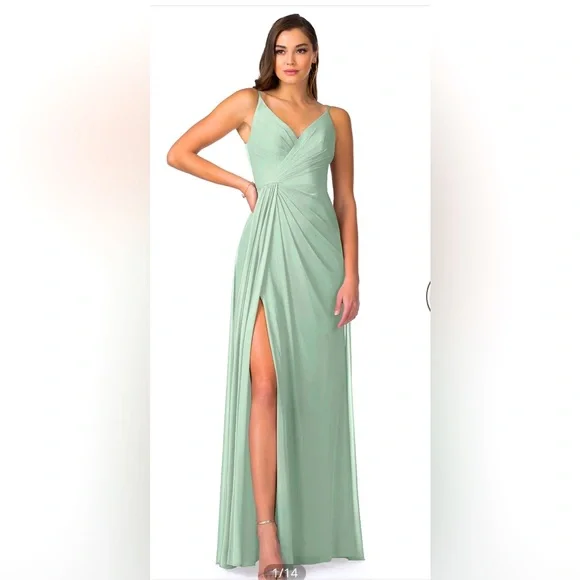 blue dress for baby girl Zapaka Women Dusty Sage Bridesmaid Dress with Slit A Line Printed Floral Long Wedding Guest Dress, Dusty Sage / UK28